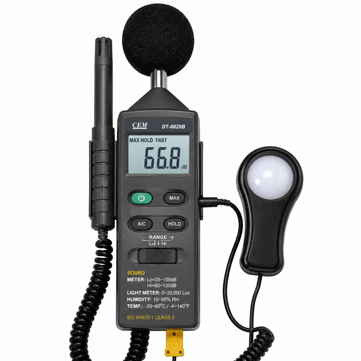 Indicador de temperatura, humedad, sonido y luz CMDT/8820, -20 ºC a 200 ºC, CEM.