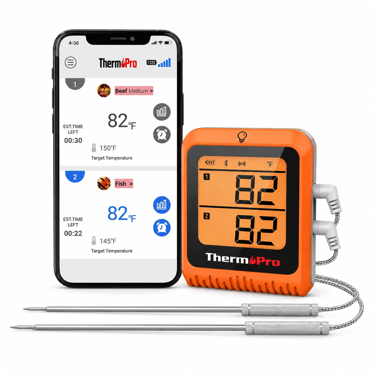 Termómetro de 2 termopares con Bluetooth THPRTP920, -10 ºC a 300 ºC,  Thermo Pro