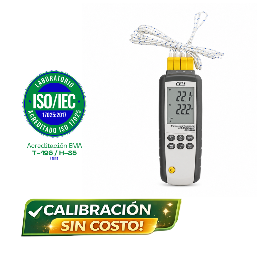 Termómetro Data logger de 4 canales CMDT-3891G, tipo K/J, -200ºC a 1372ºC y -210ºC a 1100ºC, CEM