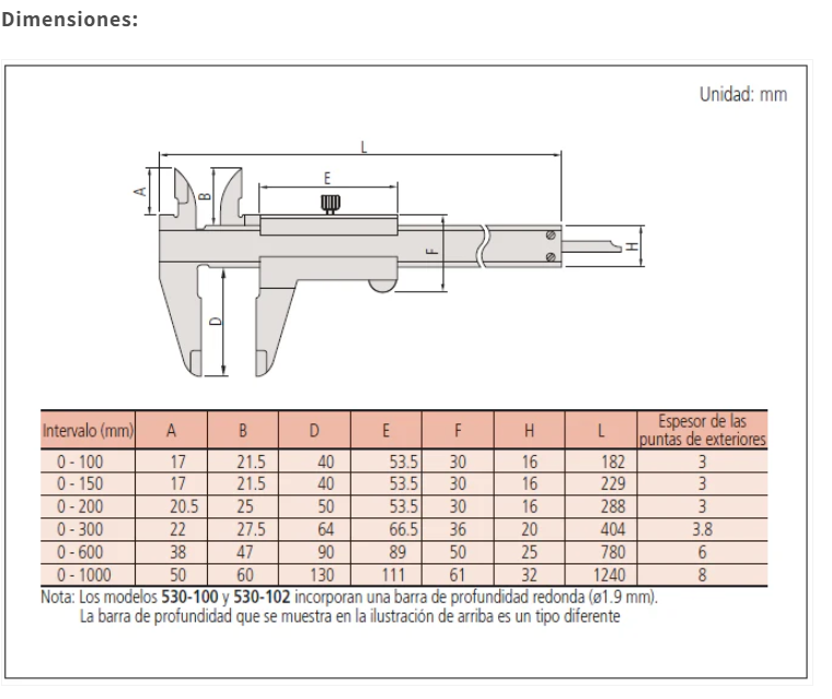 Calibrador analogico, Serie 530, 0 mm  hasta 1000 mm  /  0 pulg hasta 40 pulg.  MITUTOYO - 1